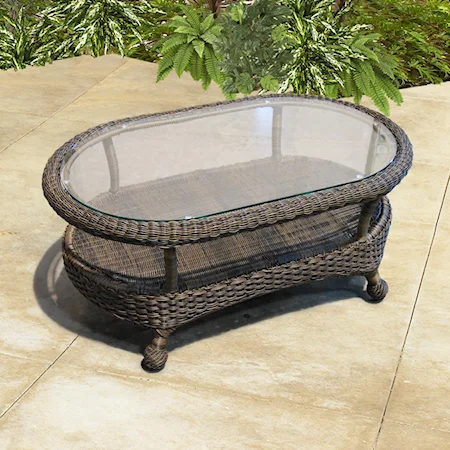 Woven Oval Outdoor Coffee Table with Glass Top